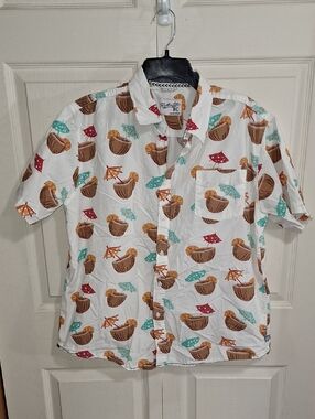 Huntington BC Tropical Coconut Print Cotton Button-Down Shirt - XL - White